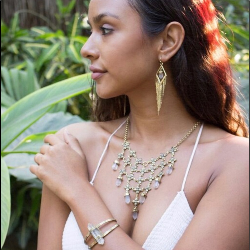 Golden Metal Bib & Natural Quartz Crystal Boho Necklace